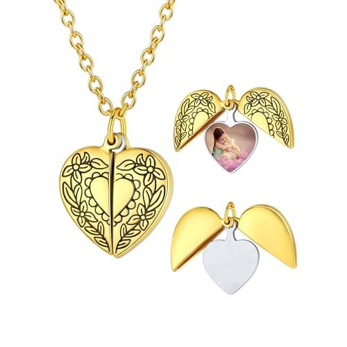 Custom4U Personalized Heart Locket Necklace with Pictures,Sunflower/Angel Wings/Heart Shaped Lockets Custom Photo,Gold/Rose Gold/White Lockets That Holds Picture,Customized Memorial Jewelry