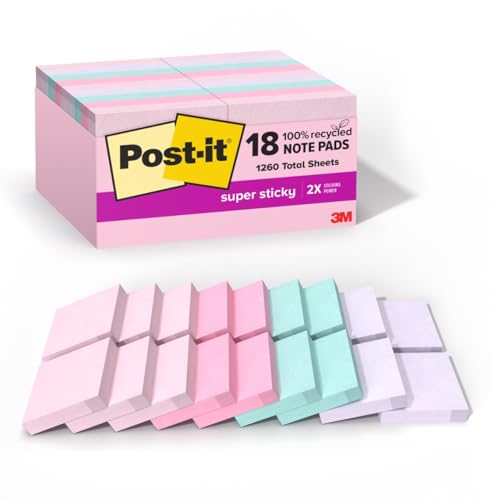 Post-it Notas adhesivas de papel 100 % reciclado, 18 blocs de notas adhesivas, 1 7/8 pulgadas x 1 7/8 pulgadas, notas adhesivas para superficies verticales, monitores, paredes y ventanas, colección