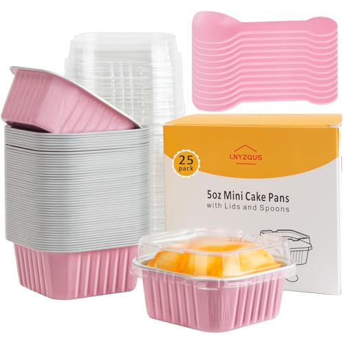 LNYZQUS Mini Cake Pans with Lids 25 Pack,5oz Foil Individual Cupcake Baking Cups for Oven, Small Muffin Tin Single Baking Containers, Disposable Ramekins for Valentine Holiday Bake Sale-Pink