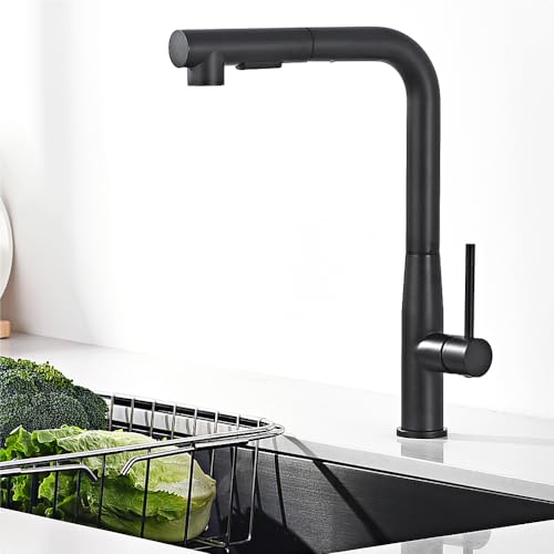 Auralum Robinet Cuisine Noir, Extensible, Mitigeur d'Évier Haute Pression avec Douchette à Deux Types de Jets d'Eau, Robinet Cuisine Rotatif à 360°, Mitigeur Cuisine Noir