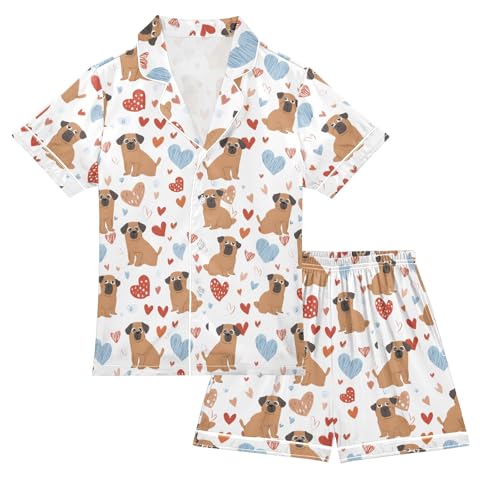 Red Love Dog Pattern Summer Satin Pajama Set, Cute Button-Down Sleepwear Pj Set for Sleep Wears