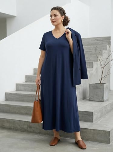 Image of SUZONANA Women Casual T-Shirt Dress V Neck Short Sleeve Solid Color Oversize Dress with Front Two Pockets
