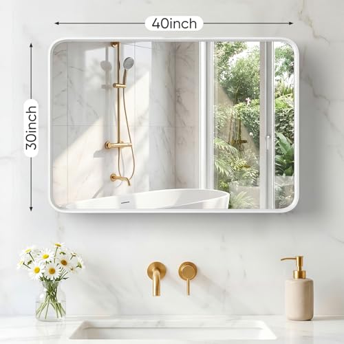Image of Sweetcrispy Bathroom Mirror 40x30 Inch Metal Framed Rounded Rectangle Vanity Mirror for Wall, Over Sink, Farmhouse, Restroom, Anti-Rust, Modern Decorative, Horizontal or Vertical Hanging, White