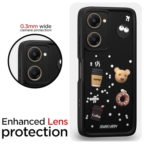 Image of Bintage Cute Fun Ball | Taddy Cartoon 3D Smiley Coffee Cup | Milk Donut | Full Camera Protection Back Cover Compatible for Vivo V2332 / Y03 / Y28s / Y28e / Y18 - Black