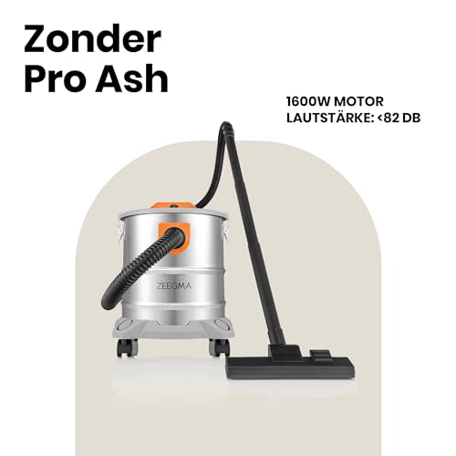 Zeegma ZONDER PRO ASH Trockensauger für Asche und Schutt, Industriestaubsauger 1600W, Edelstahlbehälter 20 L, HEPA-Filter, Ausblasfunktion Kabel 5 m