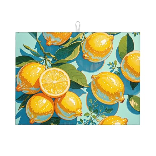lemon Dish Drying Mat Highly Absorbent Double-Sided Microfiber with Hanging Loop Reversible Drain Dish Rack Mat Drain Mat Suitable for Kitchen Countertop Coffee Bar 18 x 24 Inch