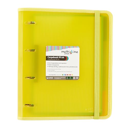 Grafoplas 88100060. Carpeta 4 Anillas con Recambio y Separadores, A4, Amarillo, Polipropileno Rayado, Carpebook Multiline ⭐