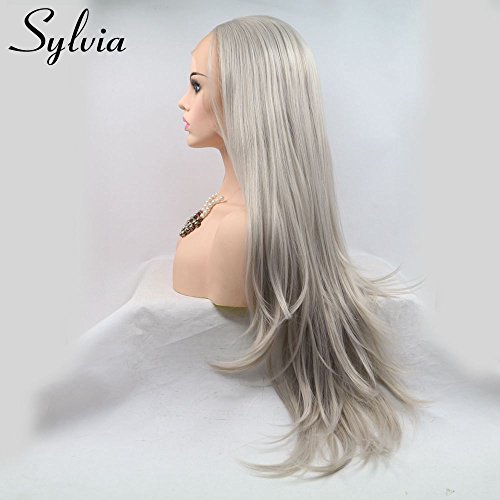 Sylvia Silver Grey Wig Long Natural Straight Ash Blonde Lace Front Wigs Natural Hairline Heat Resistant Hair For Women Hand Tied Replacment Full Wig 24" - Image 3