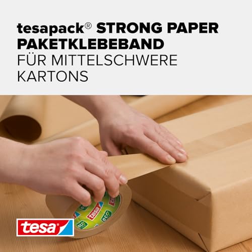tesa pack STRONG PAPER - Packband aus Papier - 92% erneuerbare Mateialien - handeinreißbar - Verpackungsband für mittelschwerer Pakete - Braun - 50 m x 50 mm