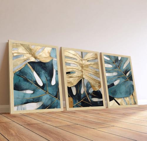 Image of ArtX Paper Abstract Leaf Paintings For Wall Decoration, Home Decor Wall Art, Hotel Wall Painting for Living Room, Multicolor, Natural Wood Color Frames, 12x18 inch, Set of 3