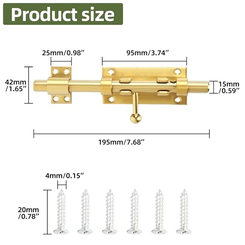Image of Alise Slide Lock SUS304 Stainless Steel Gate Latch, Slide Bolt Latch,Thickened Heavy Door Latch Lock,8 Inch Black Barrel Bolt Latch, Security Slide Latch Lock Gold