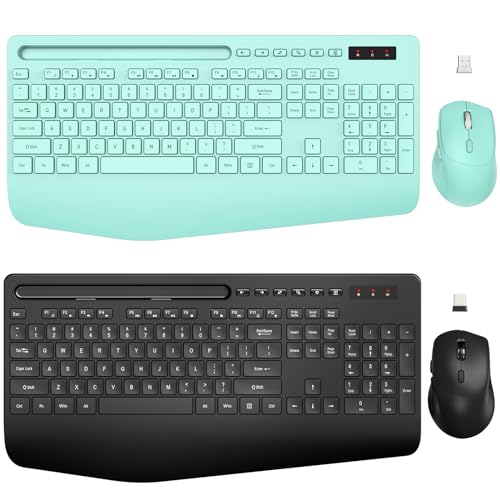 2 Pack Wireless Keyboard and Mouse Combo - Full-Sized Ergonomic Keyboard with Phone Holder, Wrist Rest, Sleep Mode, Silent 2.4GHz Cordless Keyboard Mouse Combo for Computer, Laptop, PC, Mac-Trueque