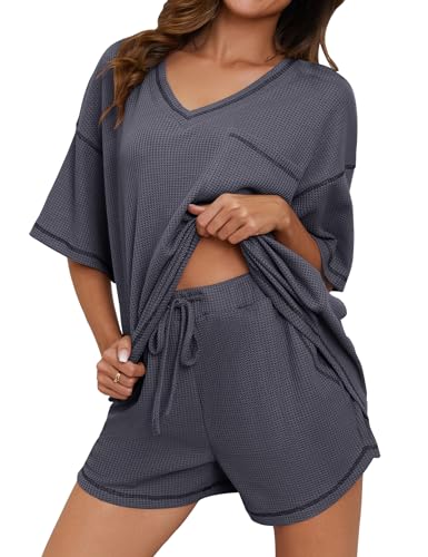 Image of Womens Pajama Sets Waffle Knit 2 Piece Short Lounge Set Cute Sleep Loungewear Pjs Set Short Sleeve Top and Shorts