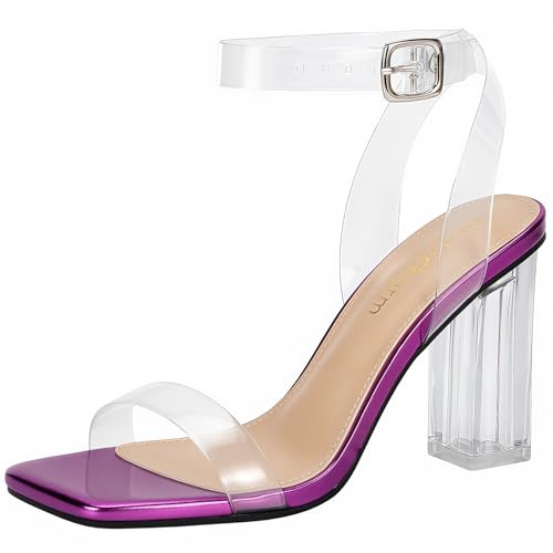 Image of Women's Clear Chunky Block Heeled Sandals 3.74 Inches Open Toe Ankle Strap Block High Heel Sandal Dress Dancing Sandals Daily Work Party Shoes