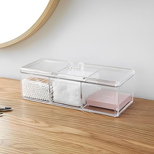 Image of Sooyee Qtip Holder Rectangle Cotton Ball and Swab Holder Organizer with Lid, Dustproof,Waterproof,Clear Acrylic 3 Compartment Cotton Pad Container for Cotton Swabs, Make Up Pads, Cosmetics