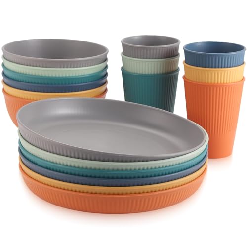 Anbte 18 Teiliges Geschirrsets Unzerbrechlich aus Kunststoff für 6 Personen Camping Geschirr Set 6-Farben Leichtes Küchengeschirr Set ideal für Picknick Camping Garten Wiederverwendbar