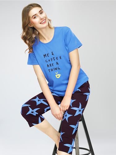 Image of ZEYO Night Suit for Women's Star Printed Cotton Night Dress of Top and Capri Set 5746