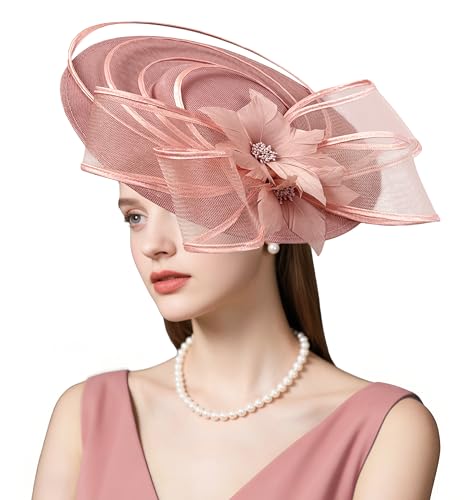 dressfan Womens Church Derby Fascinator Hats Headpiece 20s 50s Vintage Linen Feather Headband Hair Accessories Headwear for Derby/Wedding/Church/Cocktail/Tea Party M2-Dusty Pink