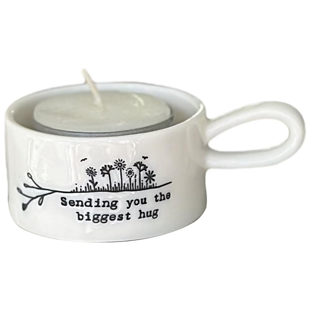 Lescale Furnishings White Porcelain Tea Light Holder With Handle – “Sending You The Biggest Hug” Message – Comfort Gift With Tealight And Gift Box – Thoughtful Home Décor Accent (3X8x5.5cm)