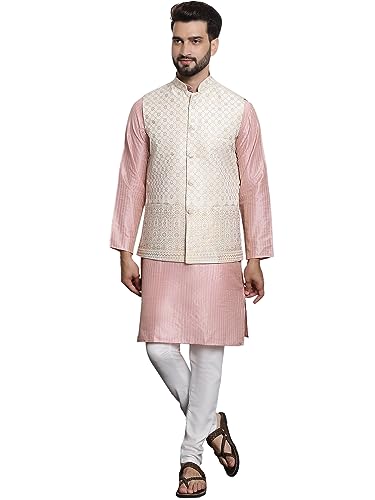 Sojanya (Since 1958 Men'S Silk Blend Pink Kurta And Off-White