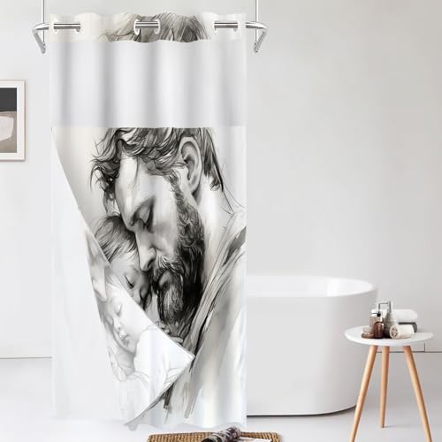 Shrahala Father and Child Embracing Shower Curtain with Snap in Liner Set, Tender Moment Captured No Hooks Stall Curtain Waterproof for Bathtubs Magnetic Hem 35.5 X 74 in