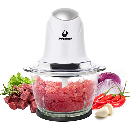 POSAME Meat Grinders Electric Food Processor,Mini Kitchen Food Chopper Vegetable Fruit Cutter Onion Slicer Dicer, Blender and Mincer, with 4-Cup Glass Bowl (White)