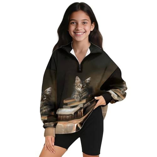 Image of AmzPrint Girls Graphic Quarter Zip Coat Long Sleeve Lightweight Oversized Athletic Running Hoodies For Kids Teen Girls