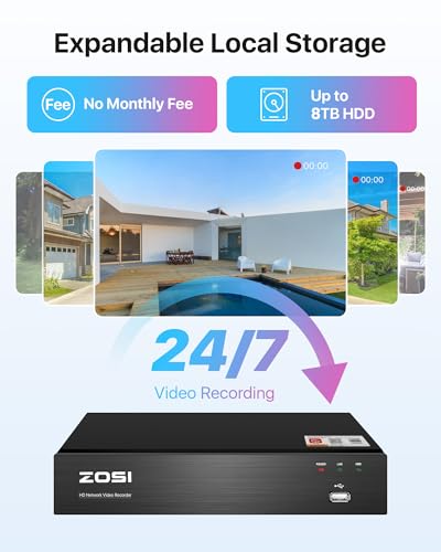 Image of ZOSI 8CH 5MP 2K+ PoE Security Cameras System Outdoor with 2TB Hard Drive,H.265+ 5MP 8Channel NVR System and 4pcs Wired 5MP IP67 Weatherproof 120ft Night Vision PoE IP Cameras for 24 /7 Recording