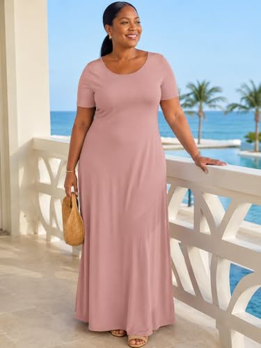 Image of SUZONANA Plus Size Maxi Dress for Curvy Women Summer Casual Sundress Short Sleeve Loose Vacation Dress
