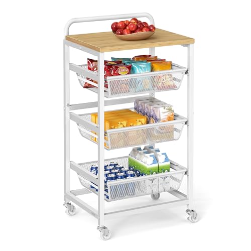 VASAGLE Chariot de Rangement à 4 Niveaux, avec Paniers Extractibles, Étagère de Cuisine avec roulettes, avec Poignée, 31,7 x 40 x 76 cm, Doré Chêne et...