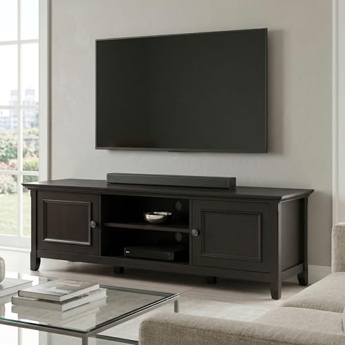 Image of SIMPLIHOME Amherst 72 inch Wide Solid Wood TV Stand in Hickory Brown