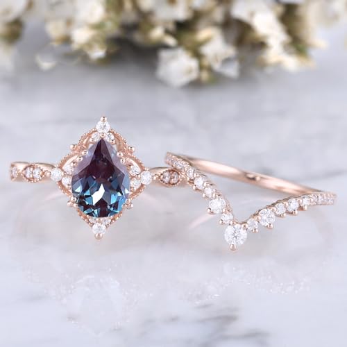 1.5 ct Pear Shaped Alexandrite Engagement Rings For Women Vintage 2 pcs Art Deco Bridal Sets Wedding Rings S925 10K 14K 18K White Yellow Rose Gold Teardrop Wedding Ring Set For Her4