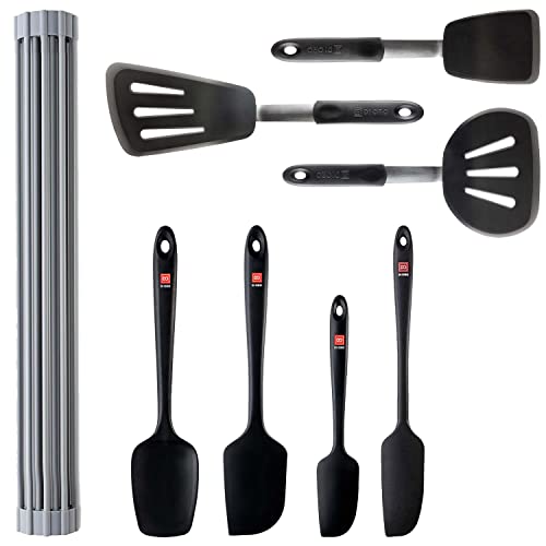 DI ORO 8-Piece Kitchen Utensil Set - 3 Turner & 4 Seamless Spatulas - 20.5" x 13" Silicone Dish Drying Rack - 600°F Heat-Resistant Kitchen Spatulas - Easy to Clean and Dishwasher Safe Tools (Black)
