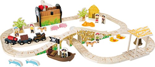 small foot 3123 Eisenbahnset Pirateninsel, Komplettset Holzeisenbahn mit Spielfiguren und vielen Funktionen, ab 3 Jahren Spielzeug, Mehrfarbig