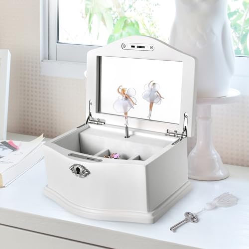 Jozen Gift Wooden Ballerina Medium White Musical Jewelry Box with Mirror and Lock for girls,Kid's...