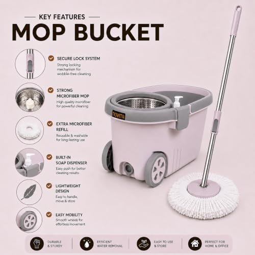 Image of Novita Premium 360 Spin Mop Bucket Set | Steel Jali with Heavy Smart System | Easy Rinse | Telescopic Microfiber Mop & Soap Dispenser |1+1 Refill | Pocha | Big Wheels | Removes Over 99%* Bacteria