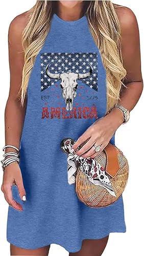 Image of American Flag Tank Dress for Women 4th of July Patriotic Graphic Sleeveless Mini Dress Casual Vacation Short Dresses