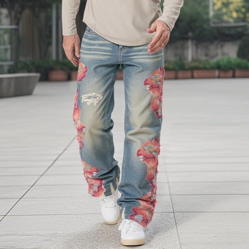 Mens Trendy Washed Denim Trousers Mid-Rise Contrast Color Regular Fit Casual Jean Pants with Pockets Streetwear3
