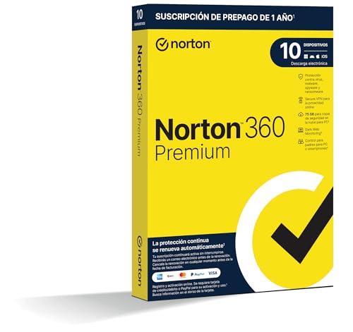 Norton 360 Premium 2025 - Antivirus Software para 10 Dispositivos y 1 año de Suscripción con Renovación Automática, Secure VPN y Gestor de Contraseñas, para PC, Mac Tableta y Smartphone Norton 360 Premium 2025 - Antivirus Software para 10 Dispositivos y 1 año de Suscripción con Renovación Automática, Secure VPN y Gestor de Contraseñas, para PC, Mac Tableta y Smartphone