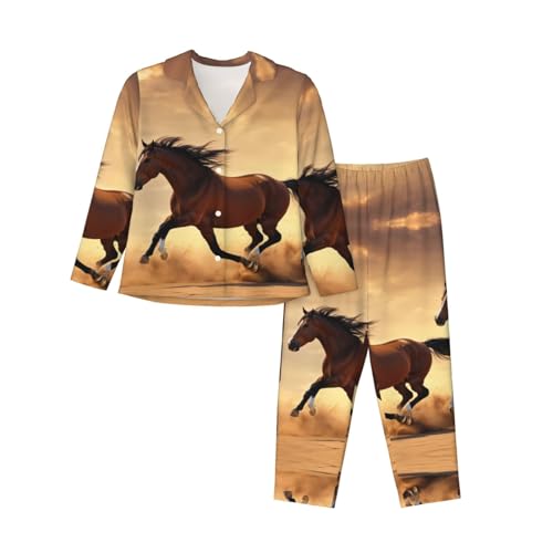 Pyjama manches longues femme ensemble nuit imprimé cheval rayures EdWal