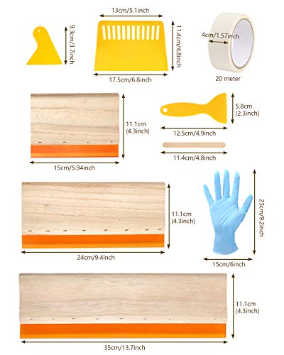 Aoibrloy 19Pcs Screen Printing Squeegee kit with 3pcs 75 Durometer Wooden Ink Scraper(13.7, 9.4, 5.9inch), 3pcs Plastic Printing Squeegee, 1pcs Masking Tape, 2pair Gloves, 10pcs Wood Mixing Sticks