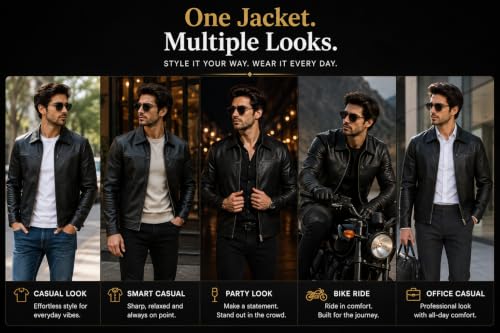 Image of Men's Faux Leather Jacket for Men | Classic Zip-Up | Casual Jacket with Shirt Collar | Full Sleeves & Side Pockets | Black