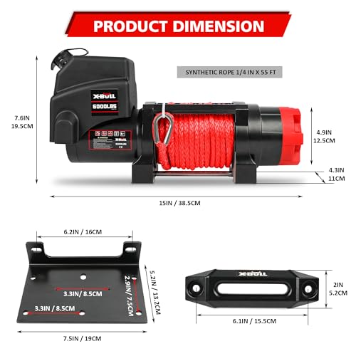 X-Bull USAM-XBEW005 Winch 12V 6000Lbs Boat Trailer Winch With Remote Synthetic Rope 1/4 In X 55 Ft Hook Wireless Remote Handlebar Switch, Automatic Braking, Waterproof, For Atv Utv Powersports Off Road thumb #3