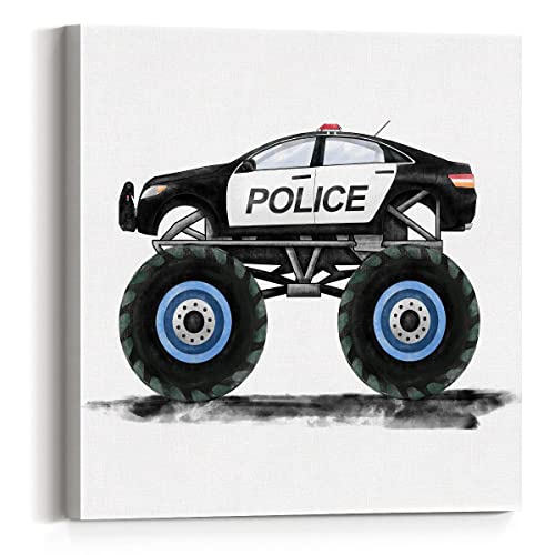 Image of Police Monster Truck Canvas Wall Art Framed Transportation Police Theme Monster Truck Painting Print Watercolor Kids Nursery Canvas Wall Decor for Home Bedroom 12x12 Inch