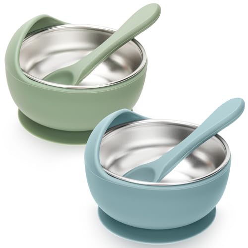 CLDY 2-Pack Stainless Baby Bowls, with Suction Base, Snail Feeding Setw, with 2 Silicone Spoons, Baby Stainless Steel Weaning Set, Food-Grade BPA-Free, Green & Blue