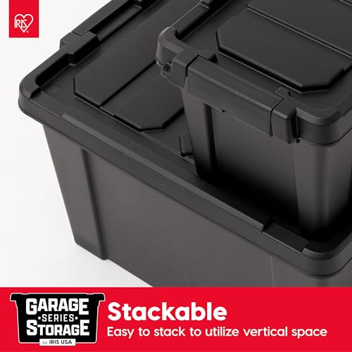 Image of IRIS USA 5 Gallon Lockable Storage Bins with Lids, 6 Pack - Made in USA, Heavy Duty, Stackable Containers, Garage Organizing Bins Moving Tubs, Rugged Sturdy Equipment Utility Box - Black