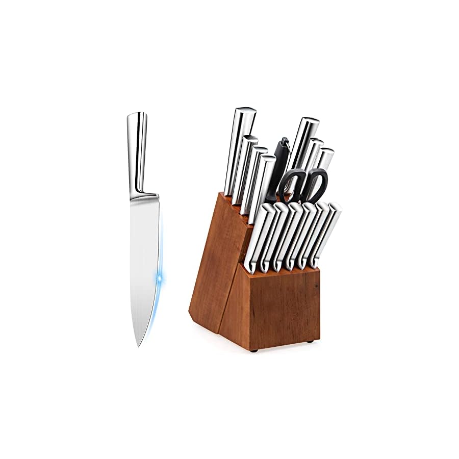 COSTWAY Kitchen Knife Set, with Block, Sharpener & Kitchen Shears,Ultra Sharp Knife Set with Chef Knife, Bread Knife, Santoku Knife, Utility Knife, 6 Steak Knives(16-Pieces, Silver, Brown)