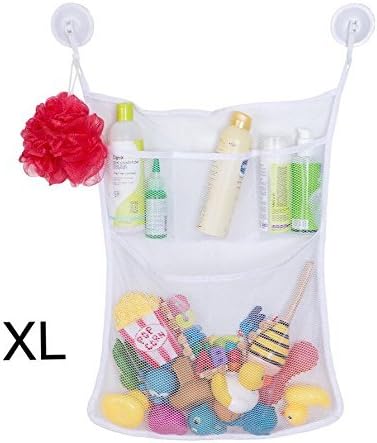 Bath Toy Organizer by Homez - Big White Bath Toys mesh net Bag 20.4-17.7inch + 3 Pockets+ 2 Big Suction Hooks. Baby, Toddler, Kids Storage Organizer, Mold Free Shower Toy Bag, Travel, Baby Bathtub.