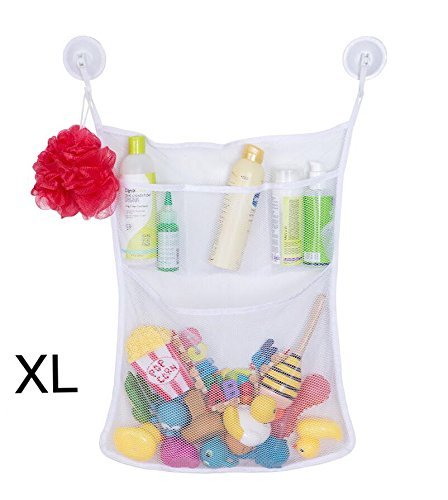Bath Toy Organizer by Homez - Big White Bath Toys mesh net Bag 20.4-17.7inch + 3 Pockets+ 2 Big Suction Hooks. Baby, Toddler, Kids Storage Organizer, Mold Free Shower Toy Bag, Travel, Baby Bathtub.