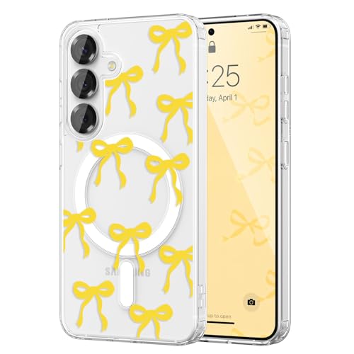 Image of UEEBAI Magnetic for Samsung Galaxy S26 Case, Bow Case Compatible with MagSafe, Wireless Slim Clear Ribbon Aesthetic Phone Cover Anti-Yellowing Shockproof Protective Cover for Women Girl - Yellow
